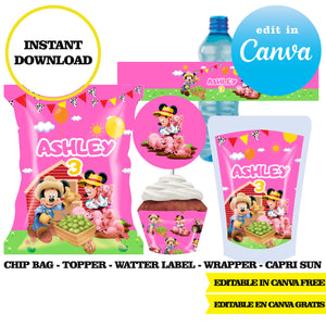 Mickey Farm, editable template, Canva editable instant digital download, chip bag, topper, label