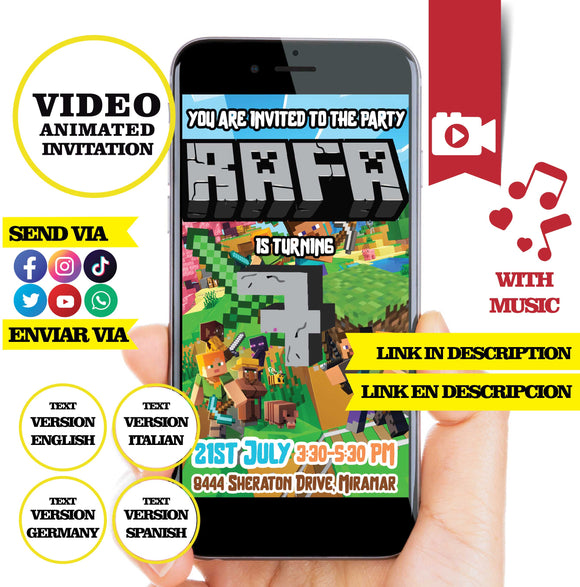 Minecraft, Animated video Invitation, logo and personalized data