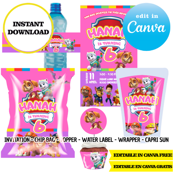 Paw patrol, editable template, Canva editable instant digital download, chip bag, topper, label