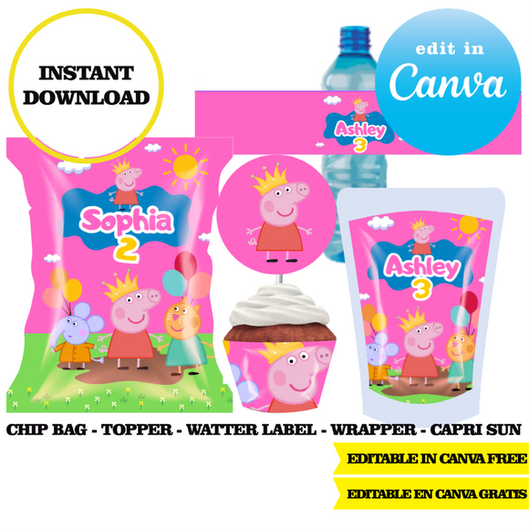 Peppa pig, editable template, Canva editable instant digital download, chip bag, topper, label