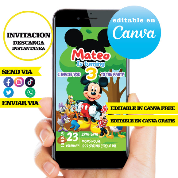 Mickey, editable template, Canva editable instant digital download, PDF invitation