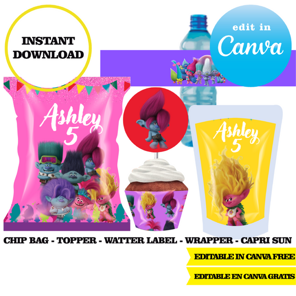 Trolls, editable template, Canva editable instant digital download, chip bag, topper, label