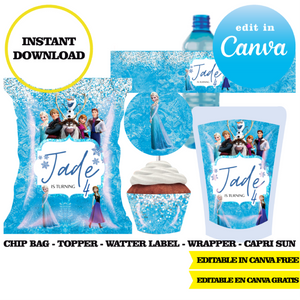 Frozen, editable template, Canva editable instant digital download, chip bag, topper, label