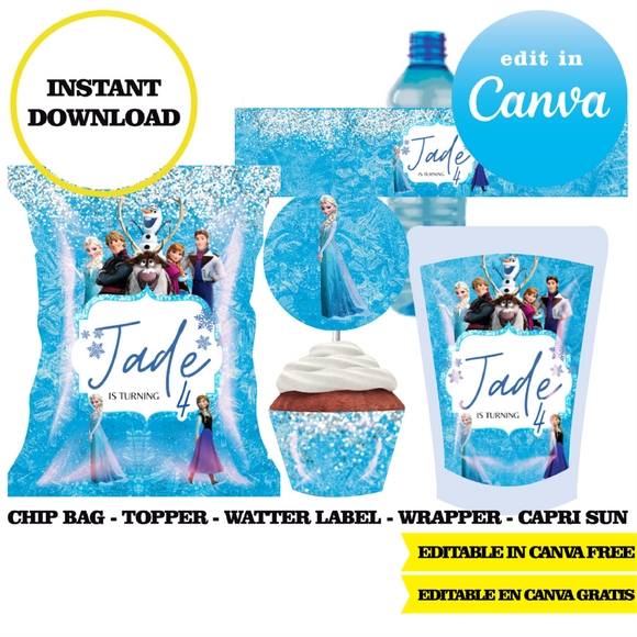 Frozen, editable template, Canva editable instant digital download, chip bag, topper, label