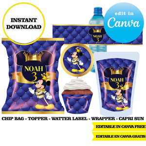 Mickey prince, editable template, Canva editable instant digital download, chip bag, topper, label