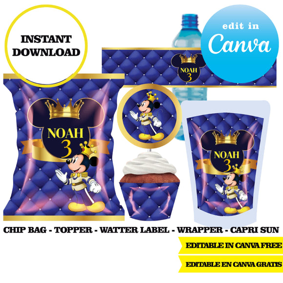 Mickey prince, editable template, Canva editable instant digital download, chip bag, topper, label