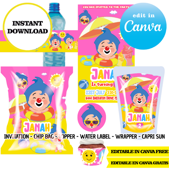 Plim plim pool party, Canva Templates, Invitation, Chip Bags, Labels, Capri sun, Toppers (Copia)