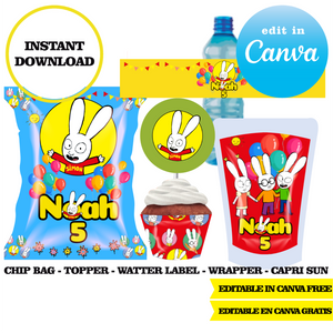 Simon Super Rabbit, editable template, Canva editable instant digital download, chip bag, topper, label,