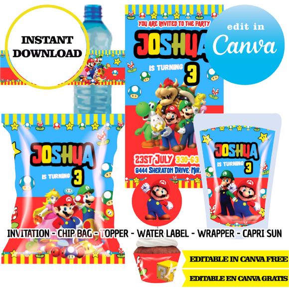Super Mario, Canva Templates, Invitation, Chip Bags, Labels, Capri sun, Toppers