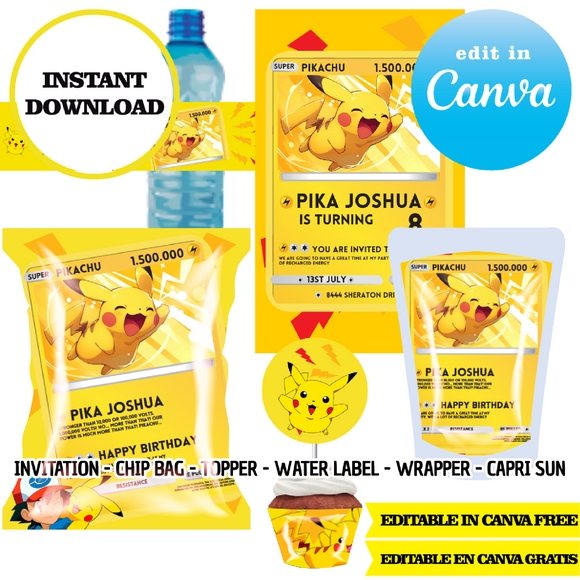 Pokemon, Pikachu cards, Canva Templates, Invitation, Chip Bags, Labels, Capri sun, Toppers