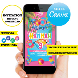 Pool party, editable invitation template in Canva free digital download, invitation pdf