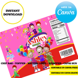 Biper y sus amigos, editable template, Canva editable instant digital download, chip bag, topper, label