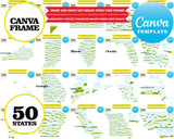 US 50 states maps, element frame, 50 states with cities, drag and drop, CANVA