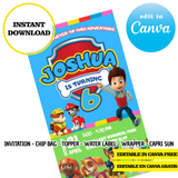 Paw patrol, editable template, Canva editable instant digital download, chip bag, topper, label