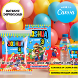 Super Mario, Canva Templates, Invitation, Chip Bags, Labels, Capri sun, Toppers