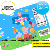 Peppa pig, editable template, Canva editable instant digital download, chip bag, topper, label