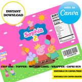 Peppa pig, editable template, Canva editable instant digital download, chip bag, topper, label