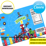 Spidey and His Amazing Friends, editable template, Canva editable instant digital download, chip bag, topper, label, capri sun