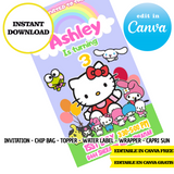 Kit editable para fiesta de Hello Kitty: plantillas de Canva (bolsas para papas fritas, etiquetas y más)