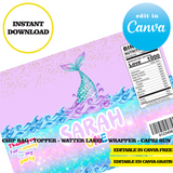 Mermaid tail, editable template, Canva editable instant digital download, chip bag, topper, label, capri sun