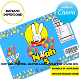 Simon Super Rabbit, editable template, Canva editable instant digital download, chip bag, topper, label,