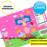 Peppa pig, editable template, Canva editable instant digital download, chip bag, topper, label