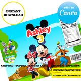 Mickey and his friends, editable template, Canva editable instant digital download, chip bag, topper, label