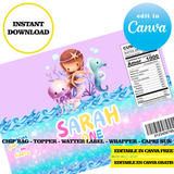 Mermaid tail, editable template, Canva editable instant digital download, chip bag, topper, label, capri sun