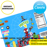 Spidey and His Amazing Friends, editable template, Canva editable instant digital download, chip bag, topper, label, capri sun