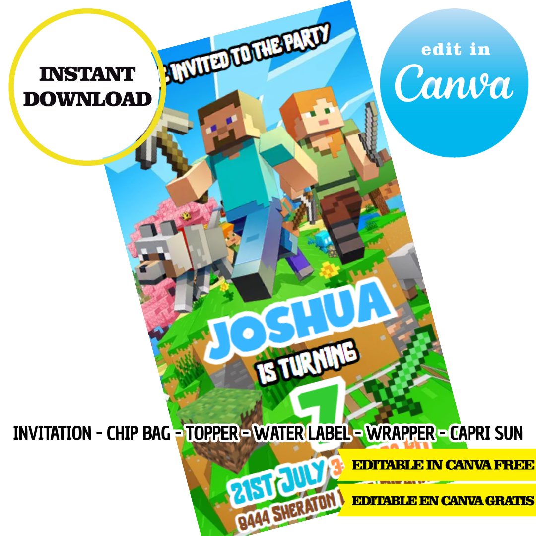 Vip Minecraft Template Editable Minecraft Canva Templates – DIY Party Printables Kit – Phigraphic