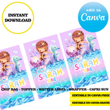 Mermaid tail, editable template, Canva editable instant digital download, chip bag, topper, label, capri sun