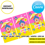 Plim plim pool party, Canva Templates, Invitation, Chip Bags, Labels, Capri sun, Toppers (Copia)