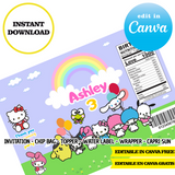 Kit editable para fiesta de Hello Kitty: plantillas de Canva (bolsas para papas fritas, etiquetas y más)