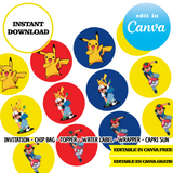 Pokemon, editable template, Canva editable instant digital download, chip bag, topper, label