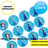 Frozen, editable template, Canva editable instant digital download, chip bag, topper, label