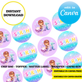 Mermaid tail, editable template, Canva editable instant digital download, chip bag, topper, label, capri sun