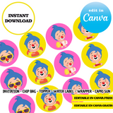 Plim plim pool party, Canva Templates, Invitation, Chip Bags, Labels, Capri sun, Toppers (Copia)