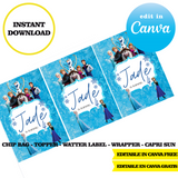 Frozen, editable template, Canva editable instant digital download, chip bag, topper, label