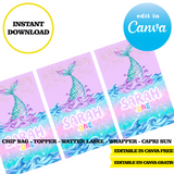 Mermaid tail, editable template, Canva editable instant digital download, chip bag, topper, label, capri sun