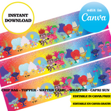 Trolls, editable template, Canva editable instant digital download, chip bag, topper, label