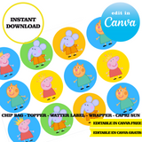 Peppa pig, editable template, Canva editable instant digital download, chip bag, topper, label