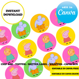 Peppa pig, editable template, Canva editable instant digital download, chip bag, topper, label