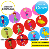 Biper y sus amigos, editable template, Canva editable instant digital download, chip bag, topper, label