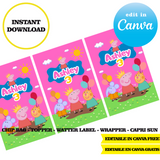 Peppa pig, editable template, Canva editable instant digital download, chip bag, topper, label