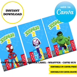 Spidey and His Amazing Friends, editable template, Canva editable instant digital download, chip bag, topper, label, capri sun