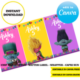 Trolls, editable template, Canva editable instant digital download, chip bag, topper, label