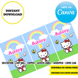 Kit editable para fiesta de Hello Kitty: plantillas de Canva (bolsas para papas fritas, etiquetas y más)