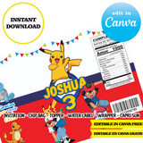 Pokemon, editable template, Canva editable instant digital download, chip bag, topper, label