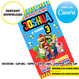 Super Mario, Canva Templates, Invitation, Chip Bags, Labels, Capri sun, Toppers