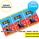 Super Mario, Canva Templates, Invitation, Chip Bags, Labels, Capri sun, Toppers